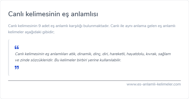 Canlı kelimesinin eş anlamlısı nedir?