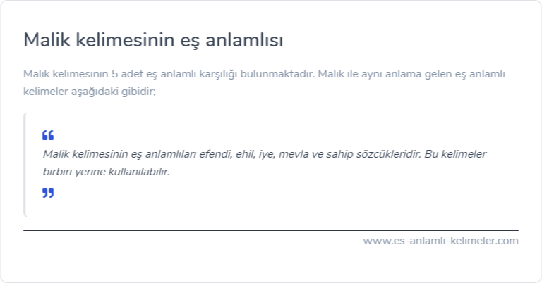 Malik kelimesinin eş anlamlısı ne?